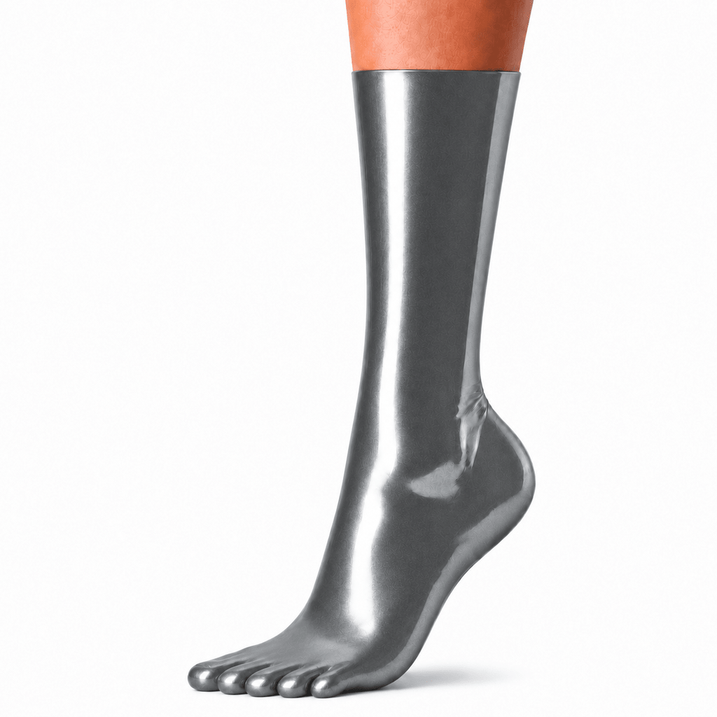 Lange Rubber Basic Latex-Zehensocken Metallic Pewter für Latexmode und hochwertige Outfits