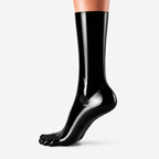 Obsidian Black lange Latex-Zehensocken bis Mitte Unterschenkel auf weißem Studiohintergrund