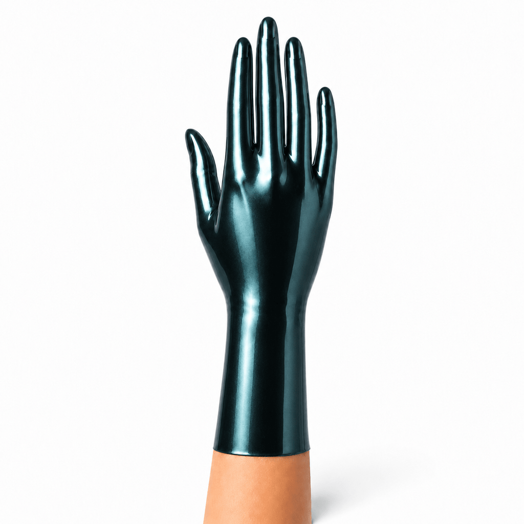 Metallic Black kurze Latexhandschuhe mit blaugrünem Schimmer