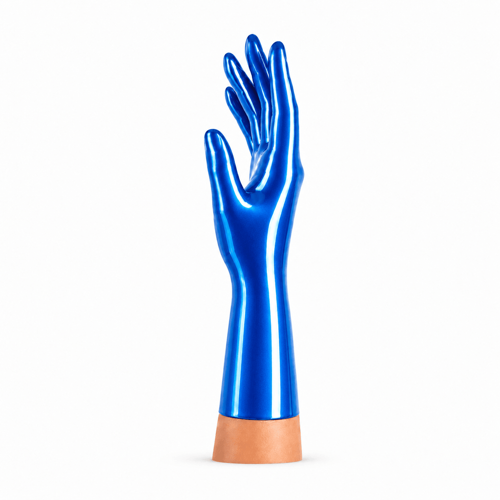 Kurze Latexhandschuhe Metallic Blau aus glänzendem Latex von Rubber Basic