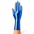 Metallic Blue kurze Latexhandschuhe mit glatter Oberfläche und edlem Schimmer Ansicht mittig