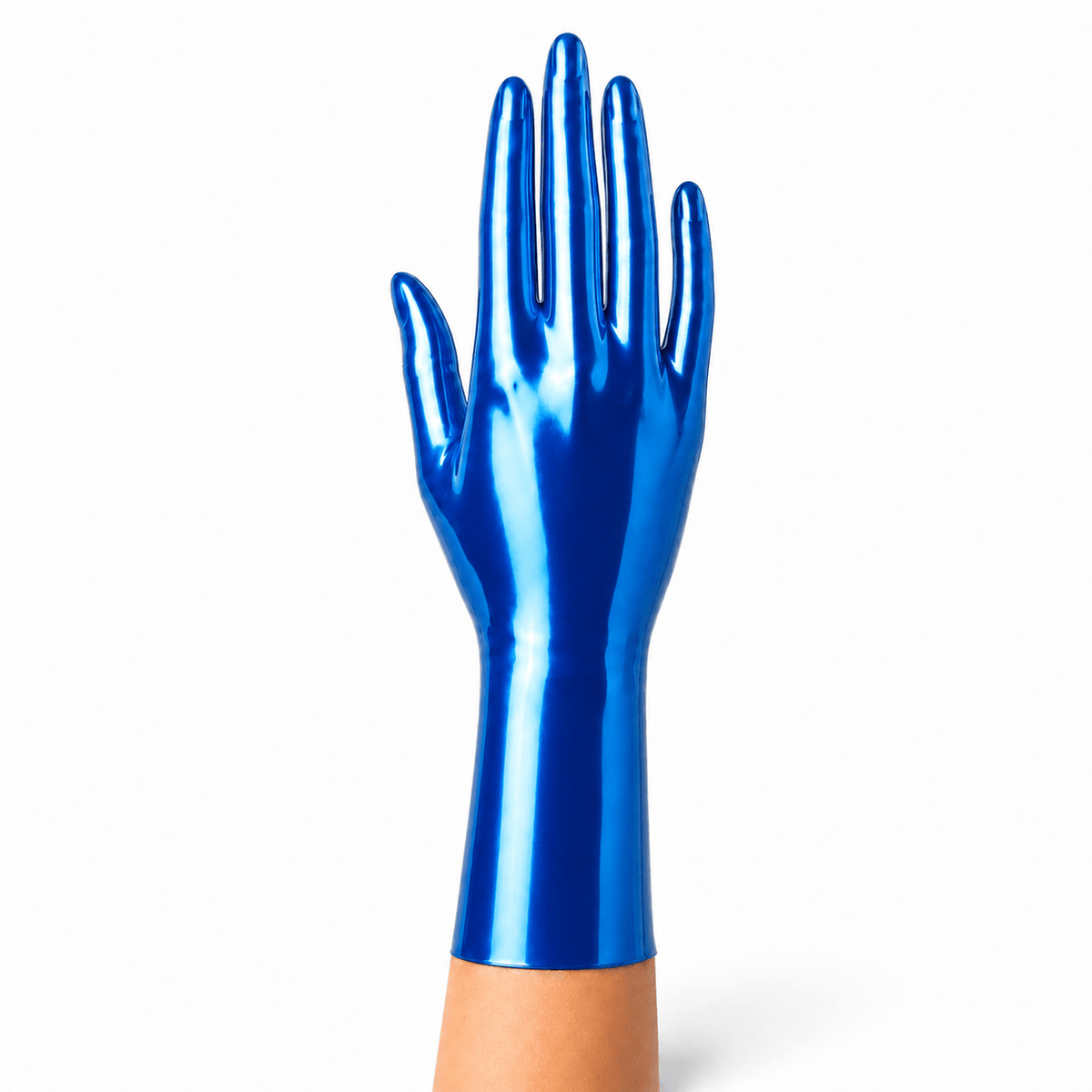 Metallic Blue kurze Latexhandschuhe mit glatter Oberfläche und edlem Schimmer Ansicht mittig
