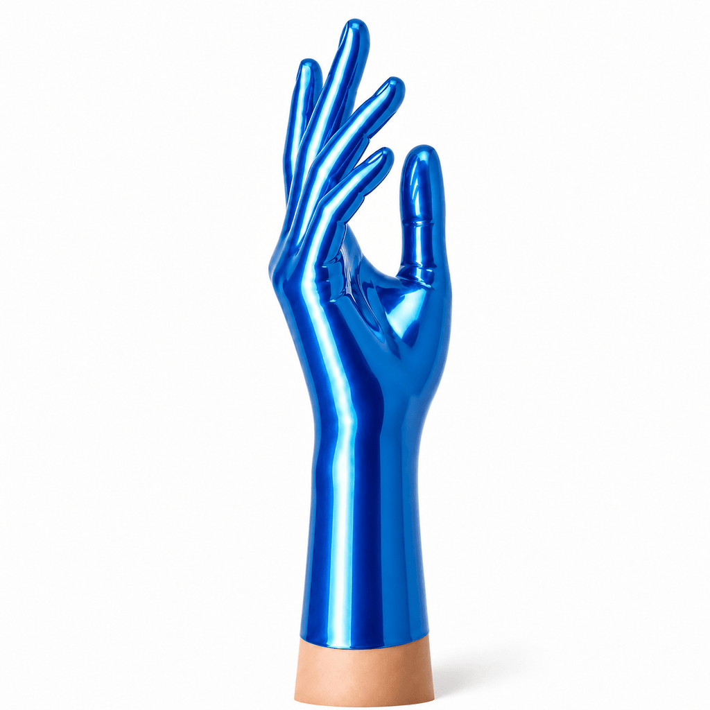 Metallic Blue kurze Latexhandschuhe Ansicht aussen im Detail