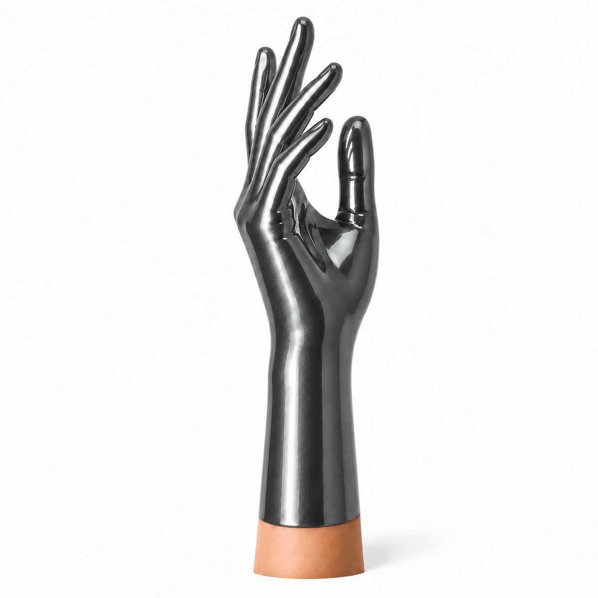 Metallic Pewter kurze Latexhandschuhe aus glänzendem Latex von Rubber Basic in der Seitenansicht
