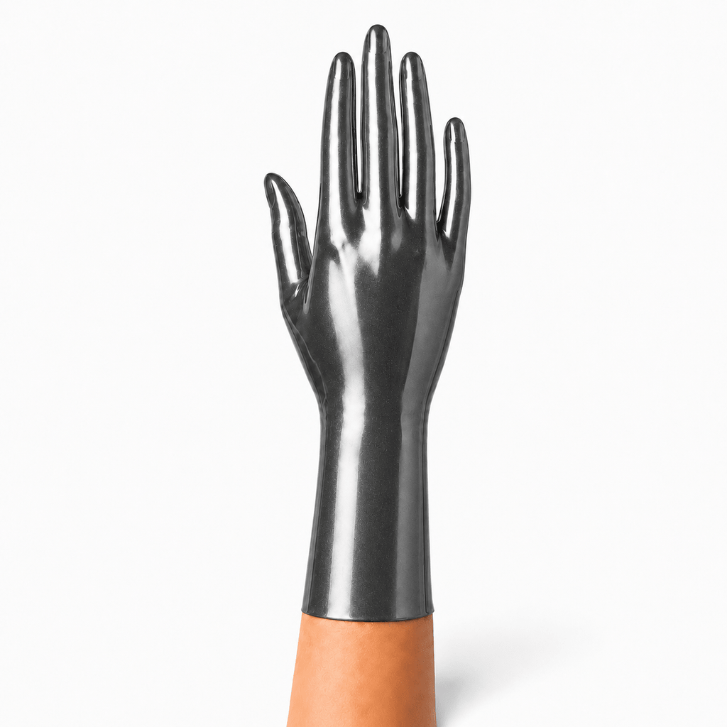 Metallische kurze Latexhandschuhe in Metallic Pewter mit edlem silbergrauem Schimmer
