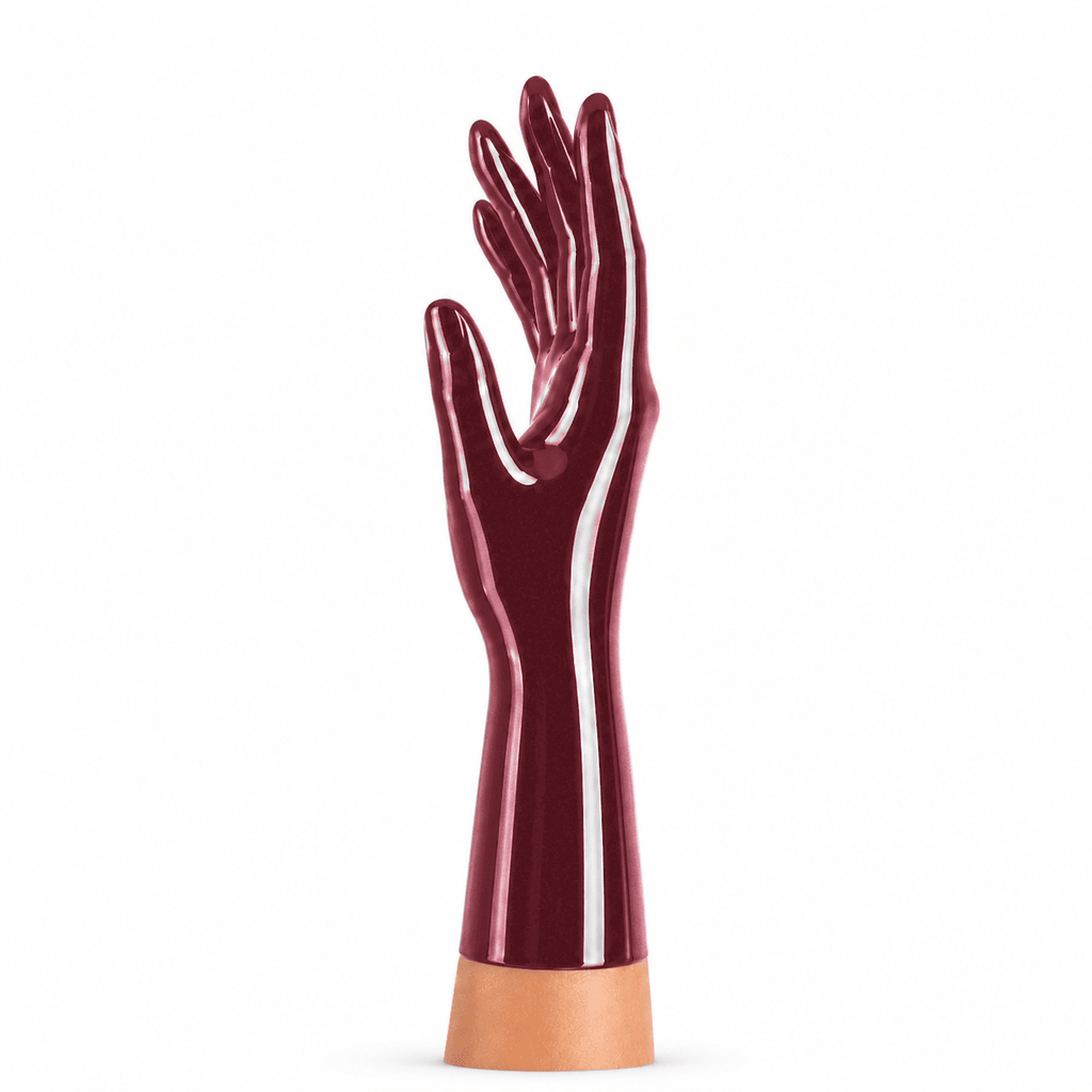 Metallic Red kurze Latexhandschuhe Ansicht seitlich im Detail