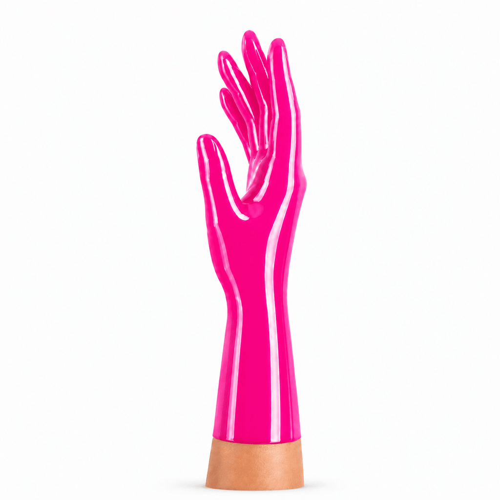 Kurze Latexhandschuhe Neon Fuchsia aus glänzendem Latex von Rubber Basic