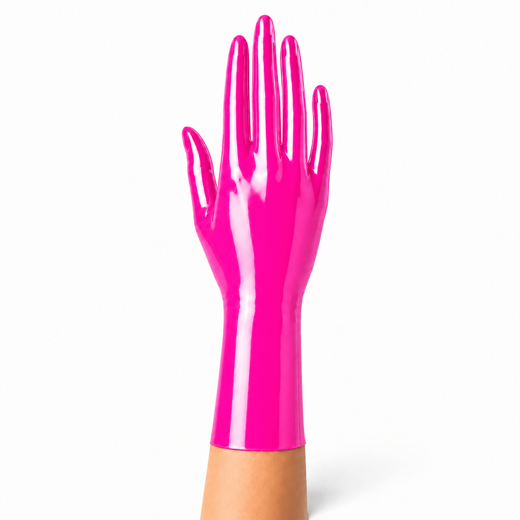 Neon Fuchsia kurze Latexhandschuhe für Latexmode und Maßanfertigung