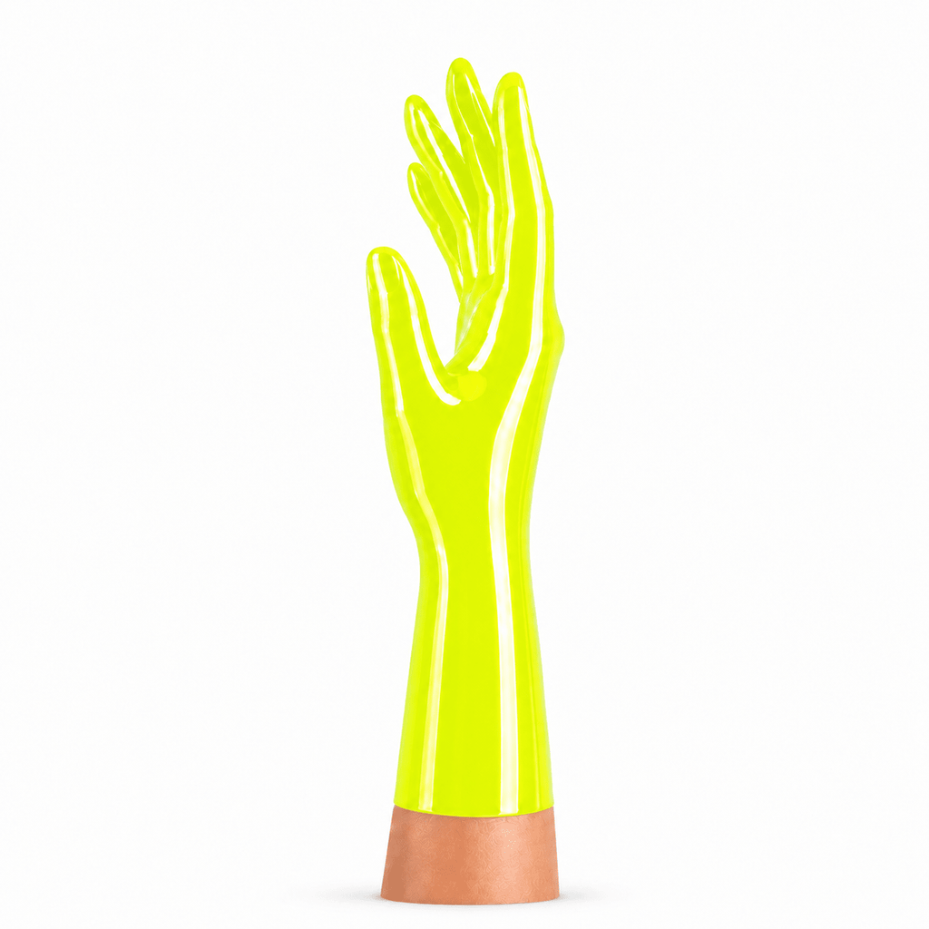 Kurze Rubber Basic Latexhandschuhe Neon Lemon Yellow für Latexmode und Maßanfertigung