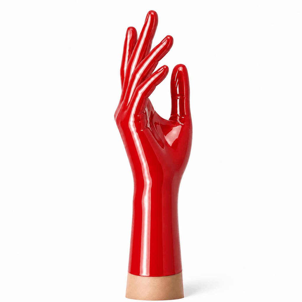 Rote kurze Latexhandschuhe aus glänzendem Naturlatex