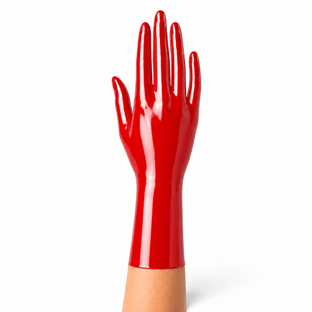 Kurze Latexhandschuhe in Rot mit glatter Oberfläche und sauberem Abschluss