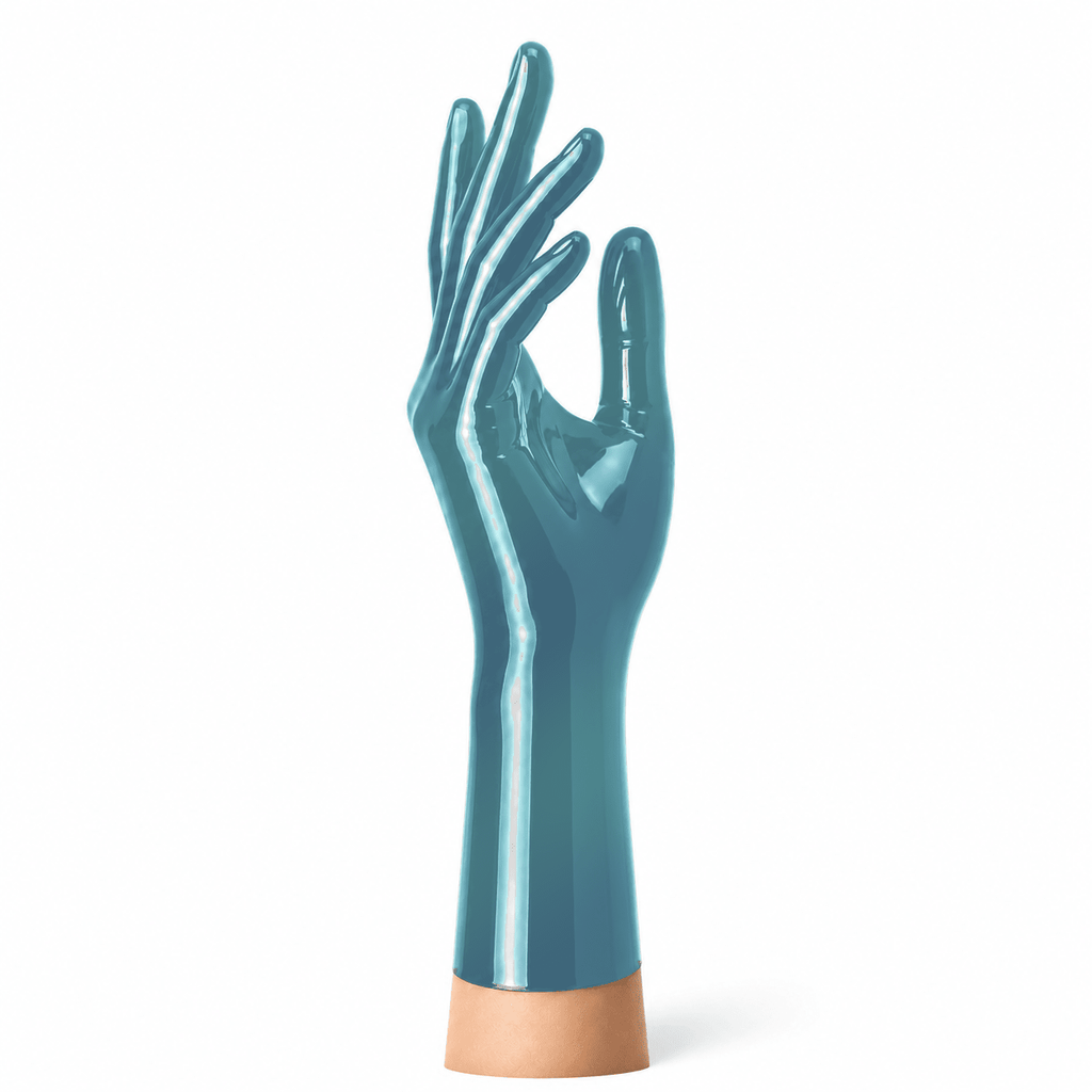 Shimmery Semi-Blue Latexhandschuhe kurz – seitliche Ansicht