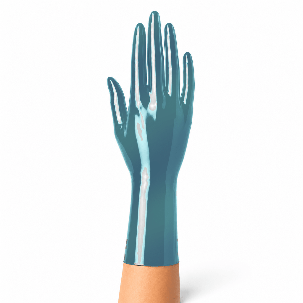 Latexhandschuhe kurz in Shimmery Semi-Blue – frontale Ansicht