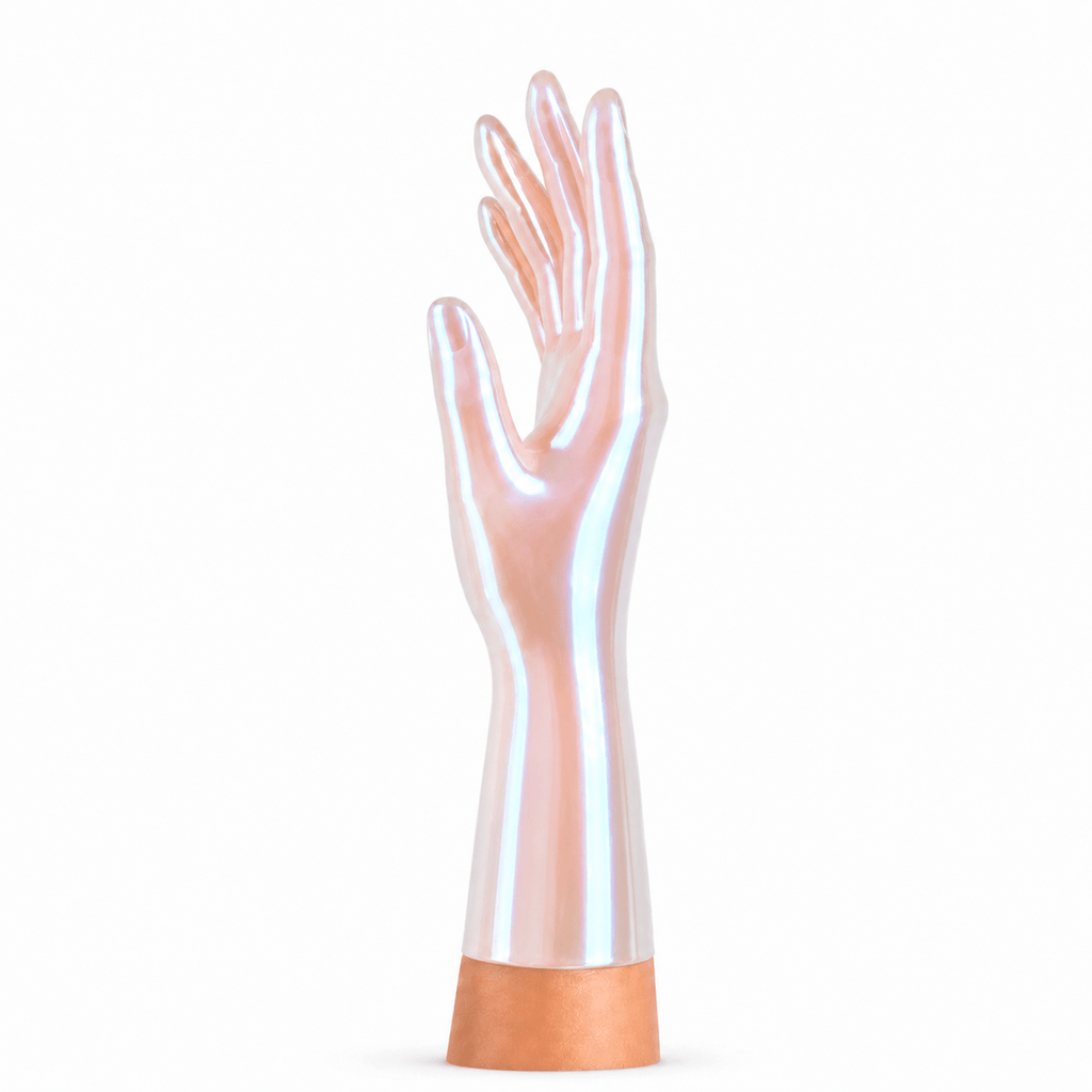 Shimmery Semi Trans-Natural kurze Latexhandschuhe seitliche Ansicht