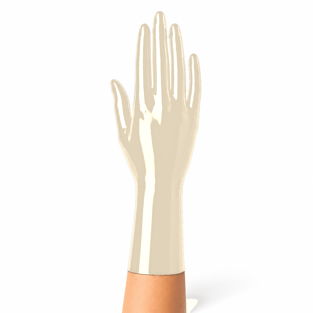 Kurze Latexhandschuhe in Transparent Natural mit glatter Oberfläche und sauberem Abschluss