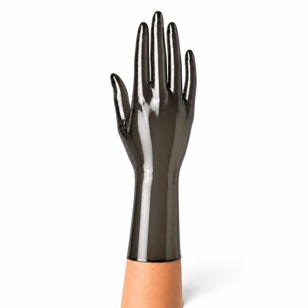 Transparent Smoky Black kurze Latexhandschuhe mit glatter Oberfläche und sauberem Abschluss