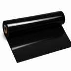 Obsidian Black Latexmeterware auf Rolle mit glänzender schwarzer Oberfläche und glatt ausgerolltem Latex auf weißem Hintergrund