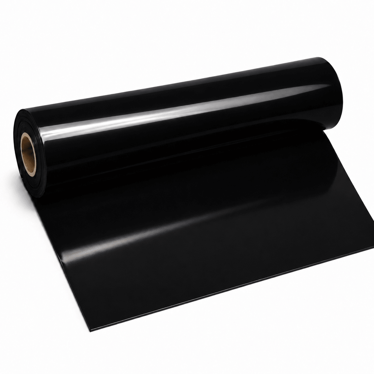 Obsidian Black Latexmeterware auf Rolle mit glänzender schwarzer Oberfläche und glatt ausgerolltem Latex auf weißem Hintergrund