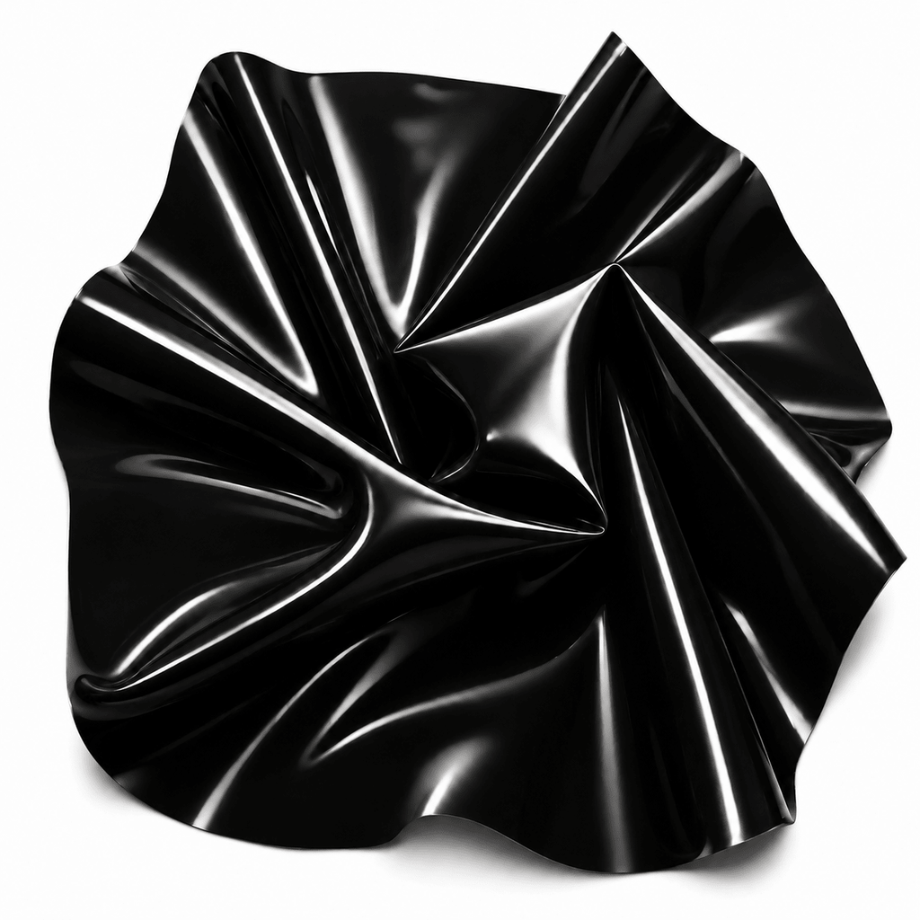 Glänzende Obsidian Black Latexmeterware kunstvoll gefaltet mit tiefschwarzer Oberfläche und starken Lichtreflexen