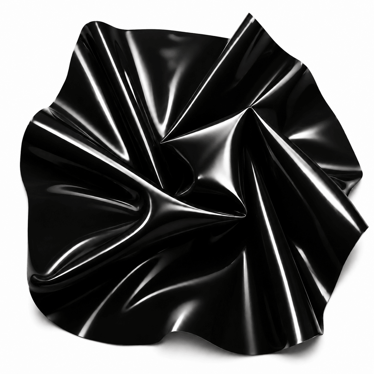 Glänzende Obsidian Black Latexmeterware kunstvoll gefaltet mit tiefschwarzer Oberfläche und starken Lichtreflexen