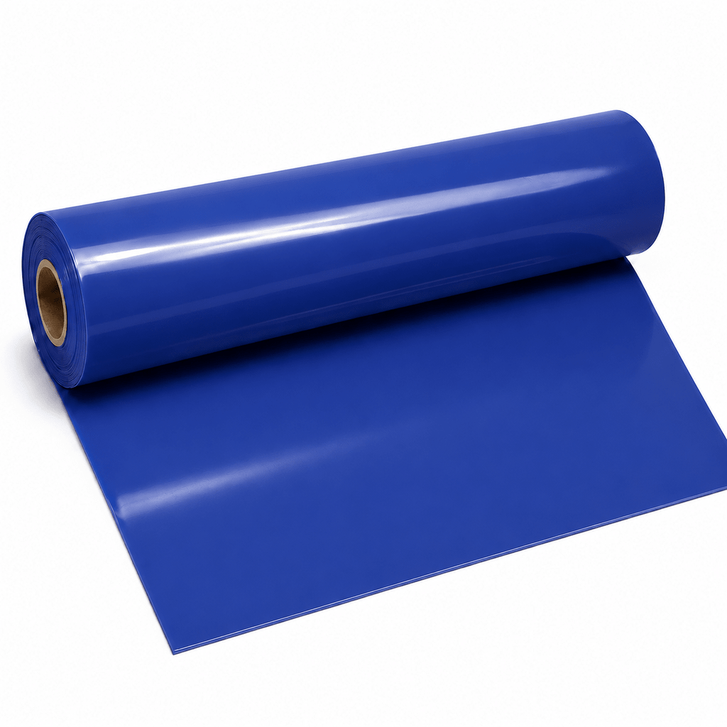 Royal Blue Latexmeterware auf Rolle mit glänzender Oberfläche auf weißem Hintergrund