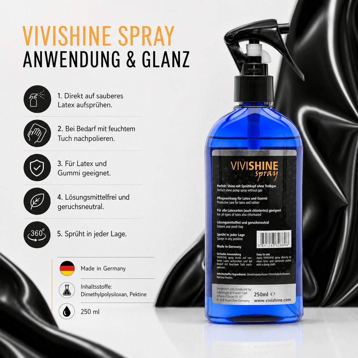 ViviShine Spray Anwendung für Latexglanz und Pflege von Latexkleidung